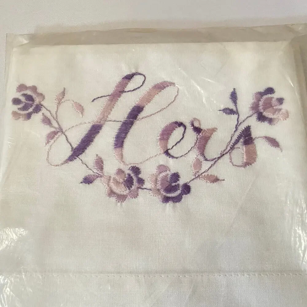 Vtg His Hers Pillowcases Set 2 Purple Floral Embroidery Cotton NIP Cottagecore